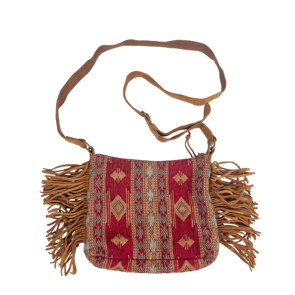 Minnetonka Suede Leather Fringe Crossbody Handbag Red Tapestry Western Baja